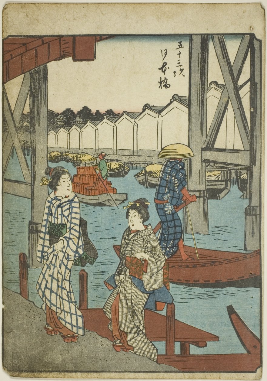 Puente Nihon (Nihonbashi), de la serie "Cincuenta y tres estaciones [del Tokaido] (Gojusan tsugi)," también conocido como el Tokaido de figuras (Jinbutsu Tokaido) de Utagawa Hiroshige