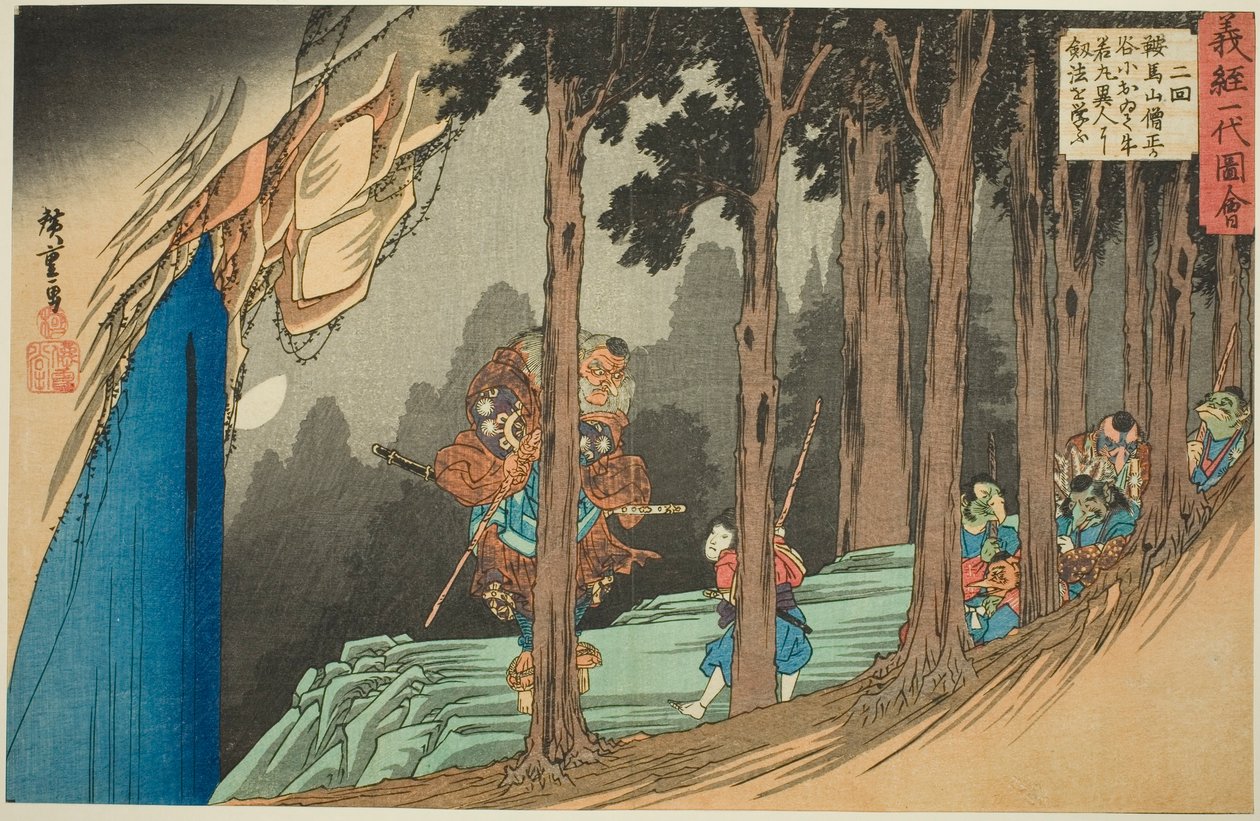 No. 2: Ushiwakamaru aprende esgrima del Tengu en Sojogatani en el monte Kurama (Nikai, Kuramayama Sojogatani ni oite Ushiwakamaru ijin yori kenpo o manabu), de la serie "La vida de Yoshitsune (Yoshitsune ichidai zue)" de Utagawa Hiroshige