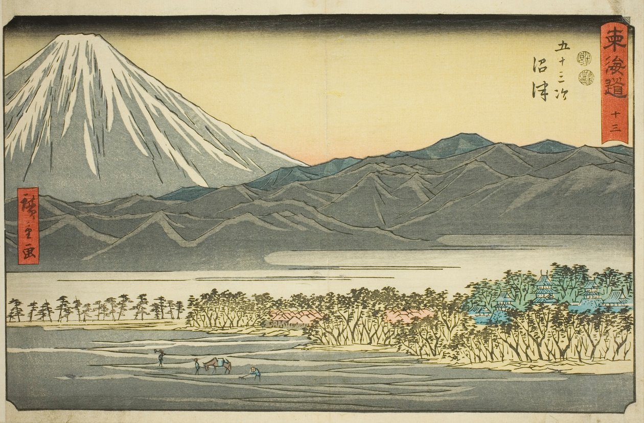 Numazu—No. 13, de la serie "Cincuenta y tres estaciones del Tokaido (Tokaido gojusan tsugi)," también conocida como el Reisho Tokaido de Utagawa Hiroshige