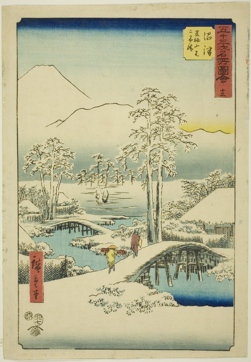 Numazu: Monte Fuji y Monte Ashigara en clima despejado después de la nieve, no. 13 (Numazu, Ashigarayama Fuji no yukibare), de la serie "Vistas famosas de las cincuenta y tres estaciones (Gojusan tsugi meisho zue)", también conocida como la Tokaido vertica de Utagawa Hiroshige