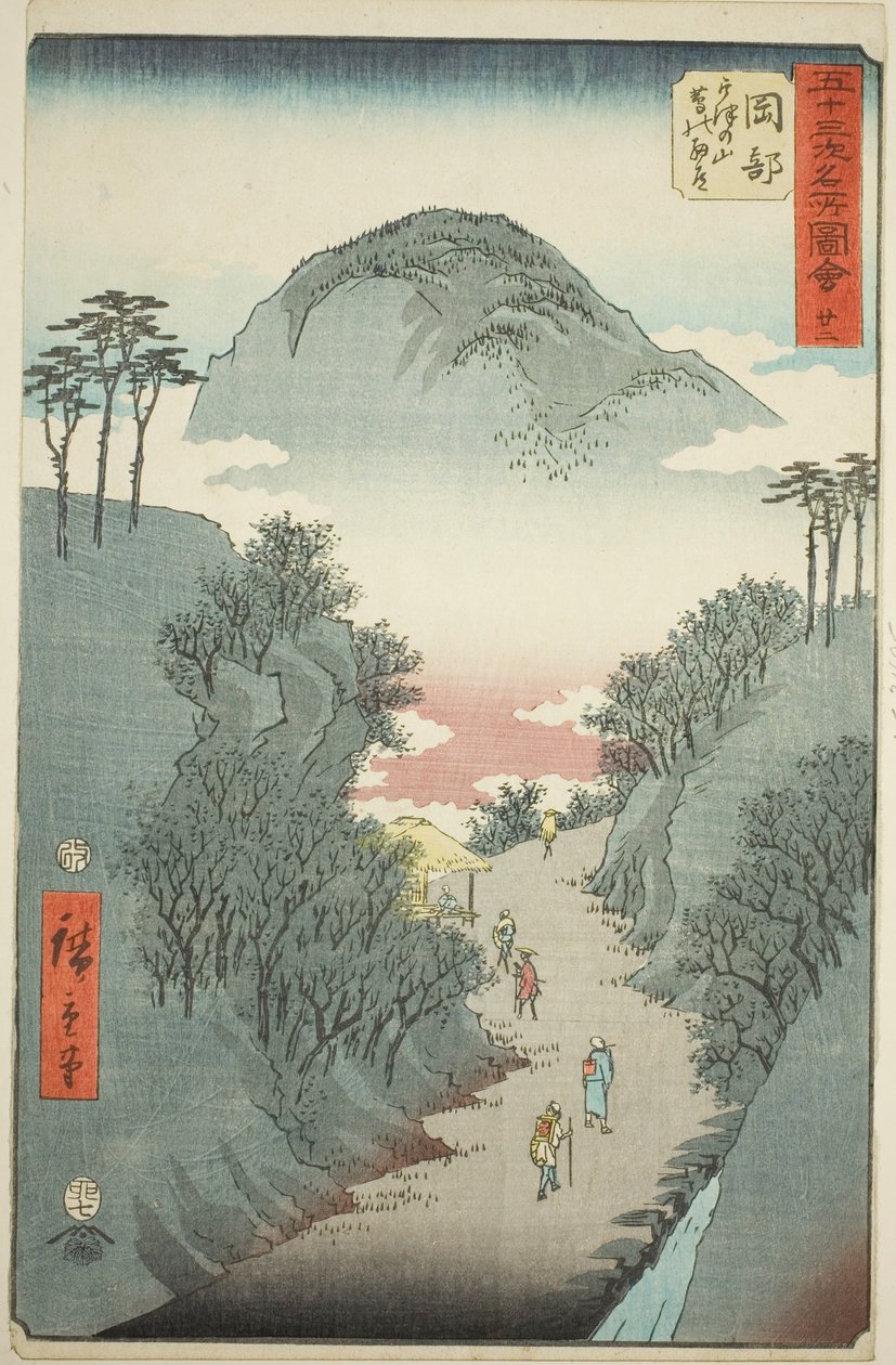 Okabe: Camino estrecho cubierto de hiedra en el Monte Utsu, no. 22 de la serie "Vistas famosas de las cincuenta y tres estaciones" de Utagawa Hiroshige