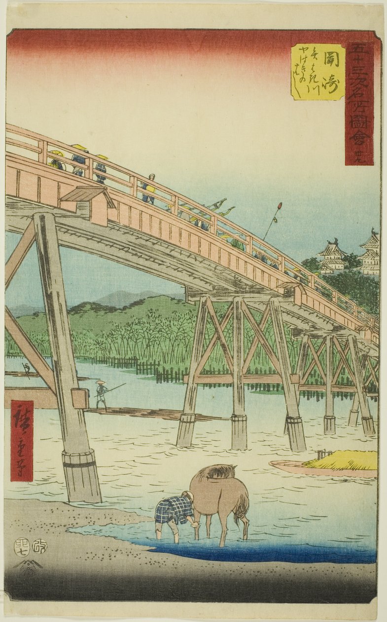 Okazaki: Puente Yahagi en el río Yahagi, no. 39 de la serie "Vistas famosas de las cincuenta y tres estaciones" de Utagawa Hiroshige