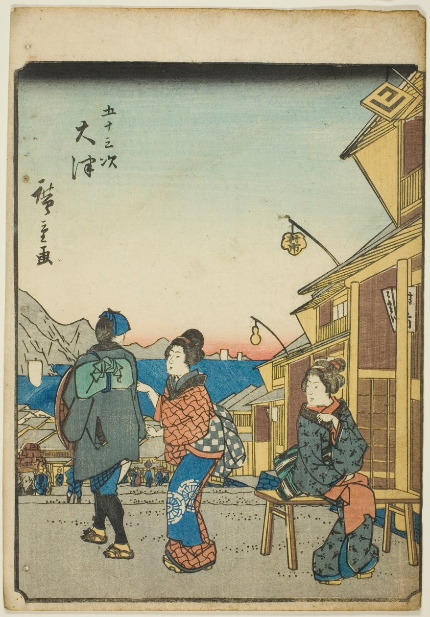 Otsu, de la serie "Cincuenta y tres estaciones [del Tokaido] (Gojusan tsugi)," también conocida como el Tokaido de figuras (Jinbutsu Tokaido) de Utagawa Hiroshige