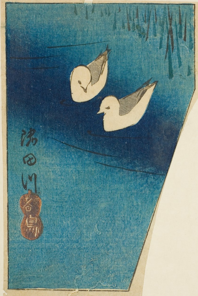 Ostreros en el río Sumida, sección de una hoja de la serie "Recortes de lugares famosos en Edo" de Utagawa Hiroshige