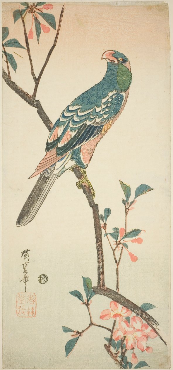 Loro en una rama floreciente de Utagawa Hiroshige