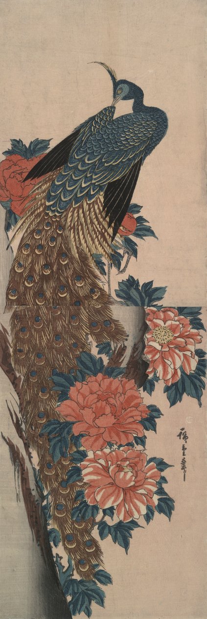 pavo real y peonias de Utagawa Hiroshige