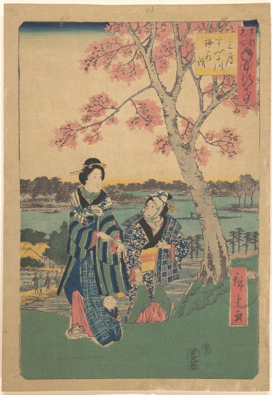 Contemplación de los ciruelos en flor en el tercer mes junto al río Sumida, de la serie Acontecimientos anuales en lugares célebres de la capital oriental (Tōto meisho nenjū gyōji sangatsu sumitagawa waka mōde) de Utagawa Hiroshige