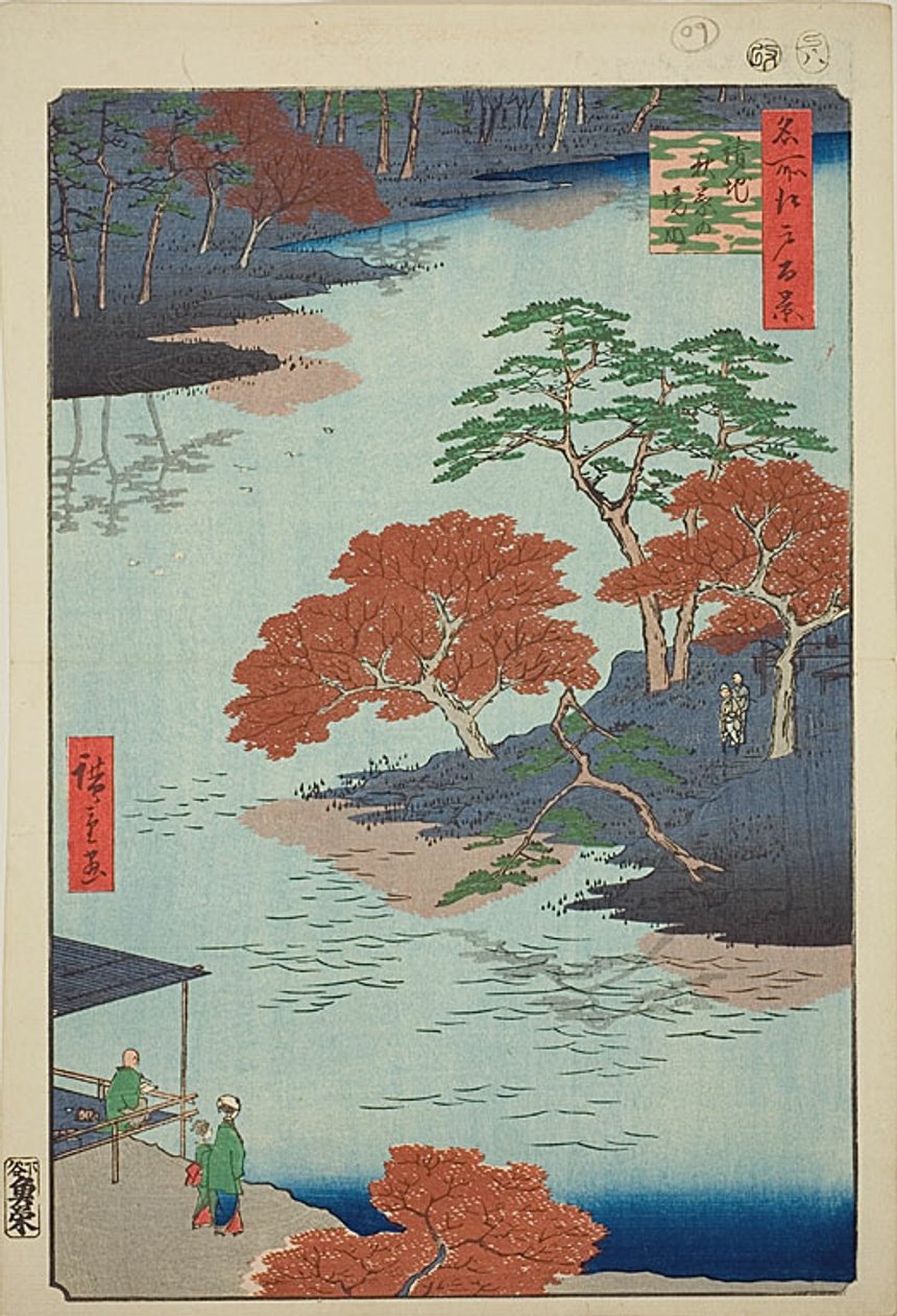 Precintas del Santuario Akiba, Ukeji (Ukeji Akiba no keidai), nº 91 de la serie "Cien vistas famosas de Edo (Meisho Edo hyakkei)". de Utagawa Hiroshige