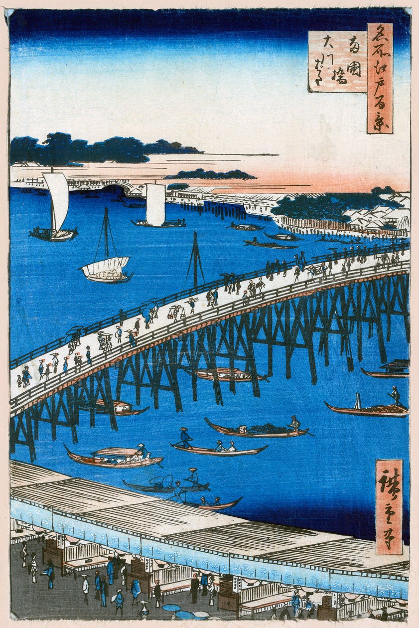 Orilla del Río en el Puente Ryogoku, Cien Vistas Famosas de Edo, 1856-1858 de Utagawa Hiroshige
