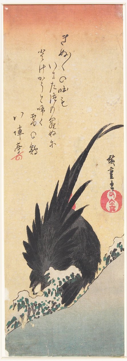 Un gallo en una ladera nevada de Utagawa Hiroshige