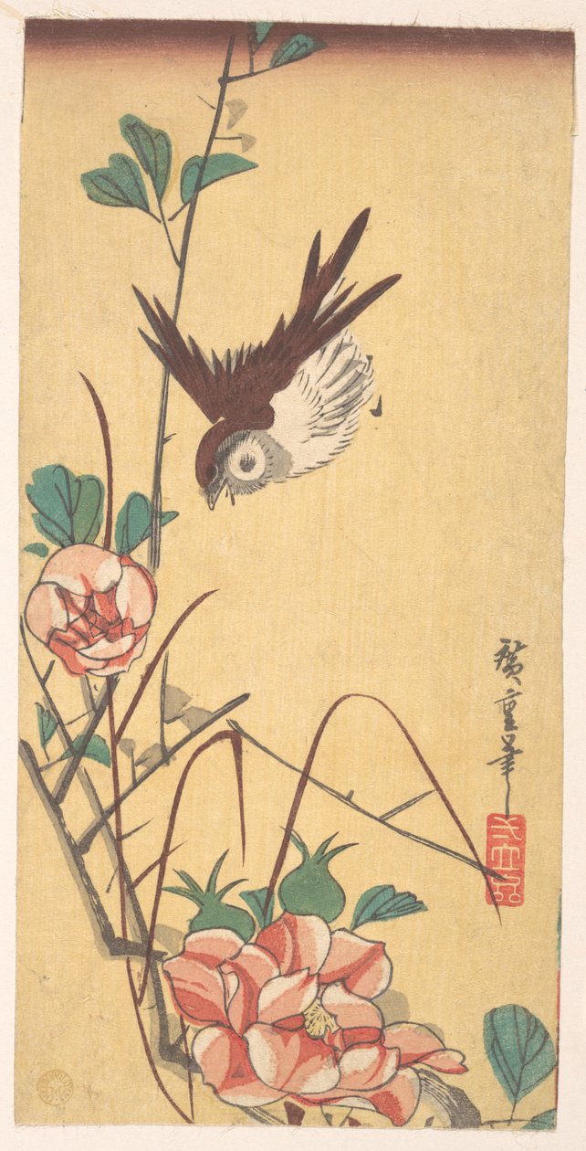 Rosas y gorrión de Utagawa Hiroshige