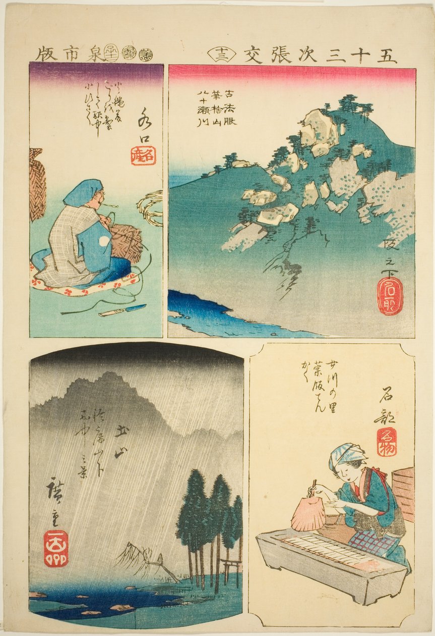 Sakanoshita, Minakuchi, Tsuchiyama e Ishibe, no. 13 de la serie "Recortes para las Cincuenta y Tres Estaciones (Gojusan tsugi harimaze)" de Utagawa Hiroshige