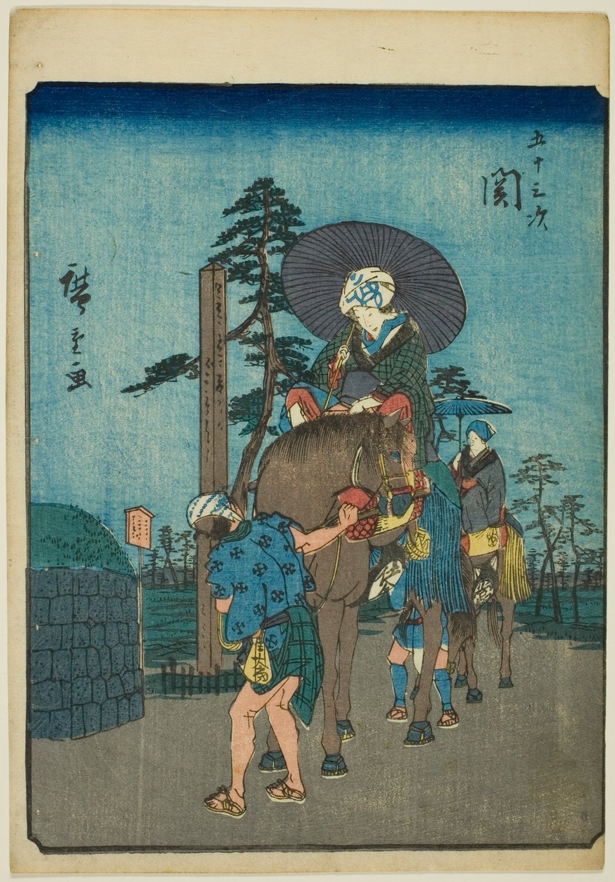 Seki, de la serie "Cincuenta y tres estaciones [del Tokaido] (Gojusan tsugi)," también conocida como el Tokaido de figuras (Jinbutsu Tokaido) de Utagawa Hiroshige