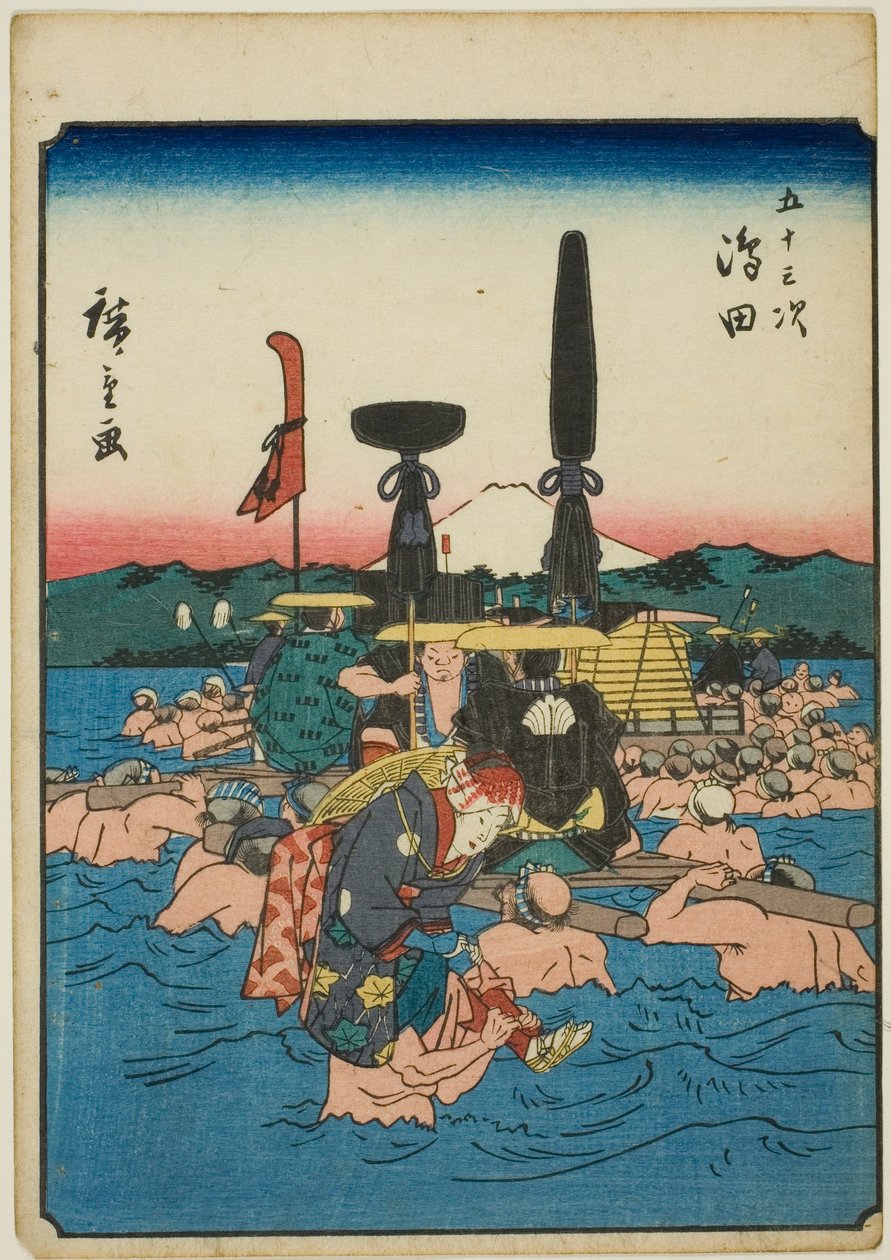 Shimada, de la serie "Cincuenta y tres estaciones [del Tokaido] (Gojusan tsugi)," también conocida como el Tokaido de figuras (Jinbutsu Tokaido) de Utagawa Hiroshige