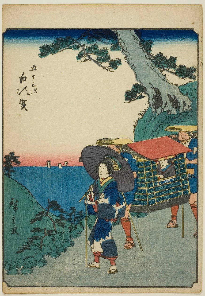 Shirasuka, de la serie "Cincuenta y tres estaciones [del Tokaido] (Gojusan tsugi)," también conocida como el Tokaido de figuras (Jinbutsu Tokaido) de Utagawa Hiroshige