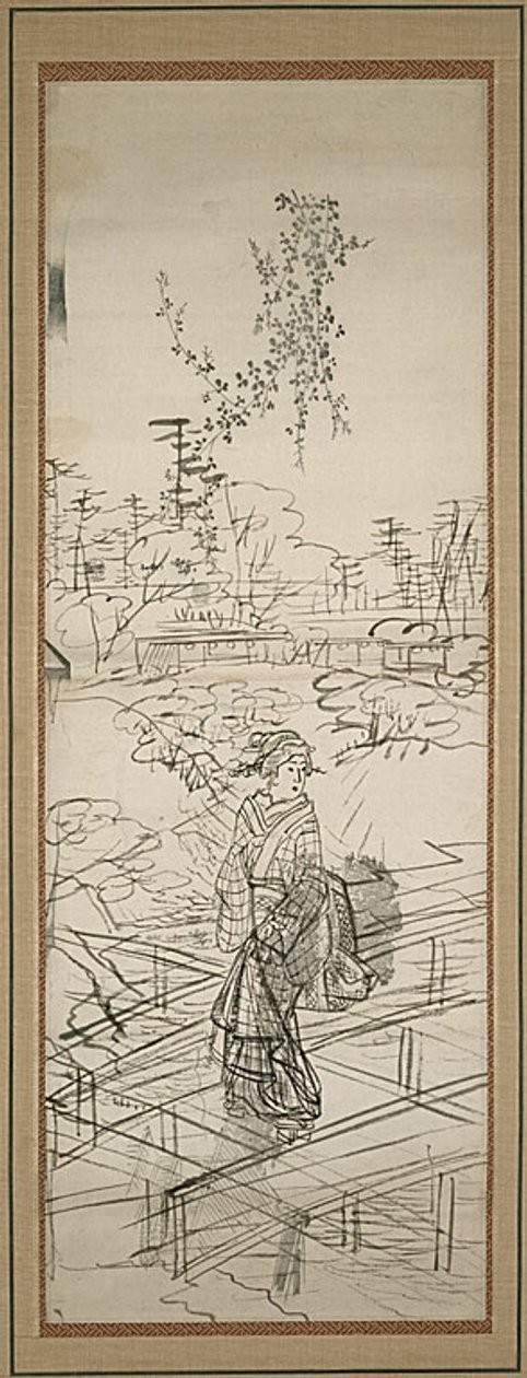 Boceto de mujer cruzando un puente de Utagawa Hiroshige