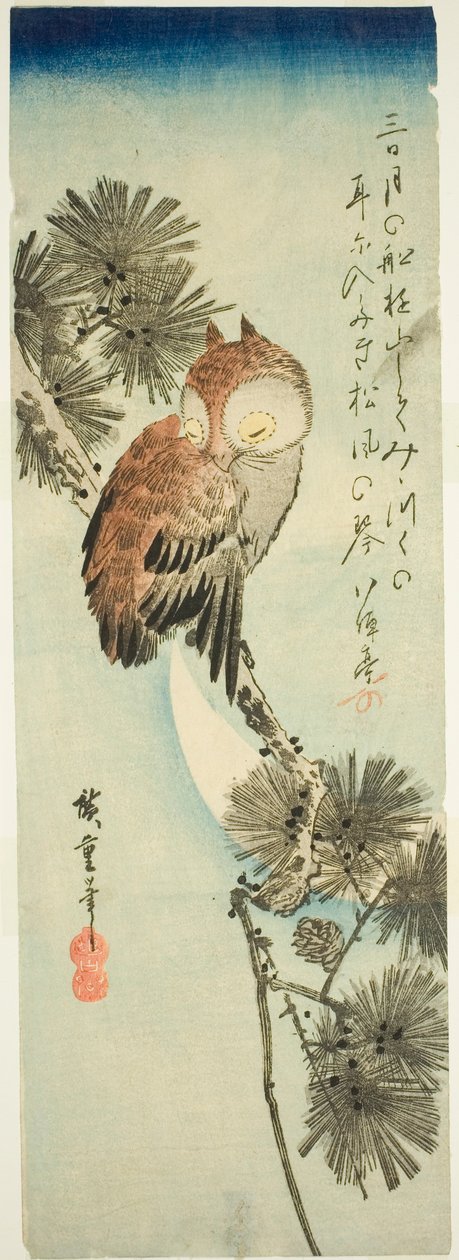 Búho de cuernos pequeños, pino y luna creciente de Utagawa Hiroshige