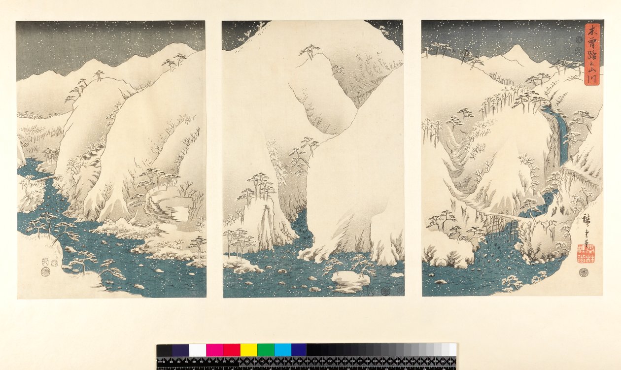 Tormenta de nieve en las montañas y ríos de Kiso de Utagawa Hiroshige