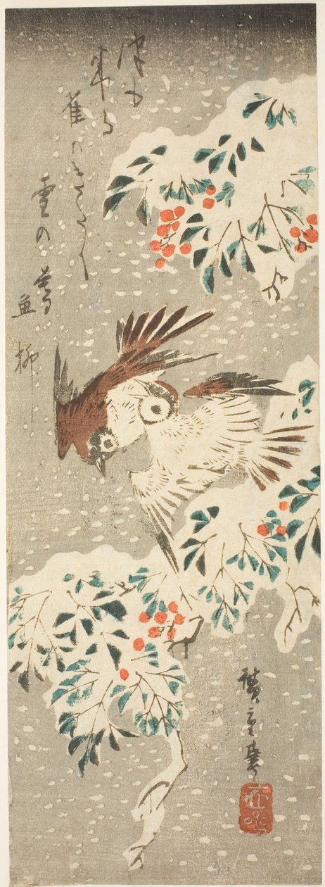 Gorriones revoloteando sobre nandina cubierta de nieve mientras cae más nieve de Utagawa Hiroshige