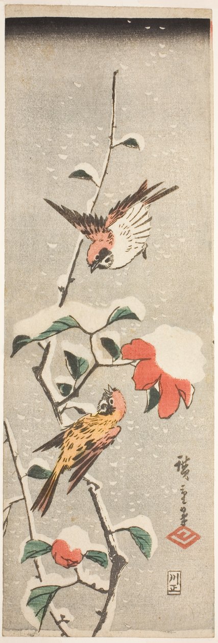 Gorriones y Camelia en la Nieve de Utagawa Hiroshige