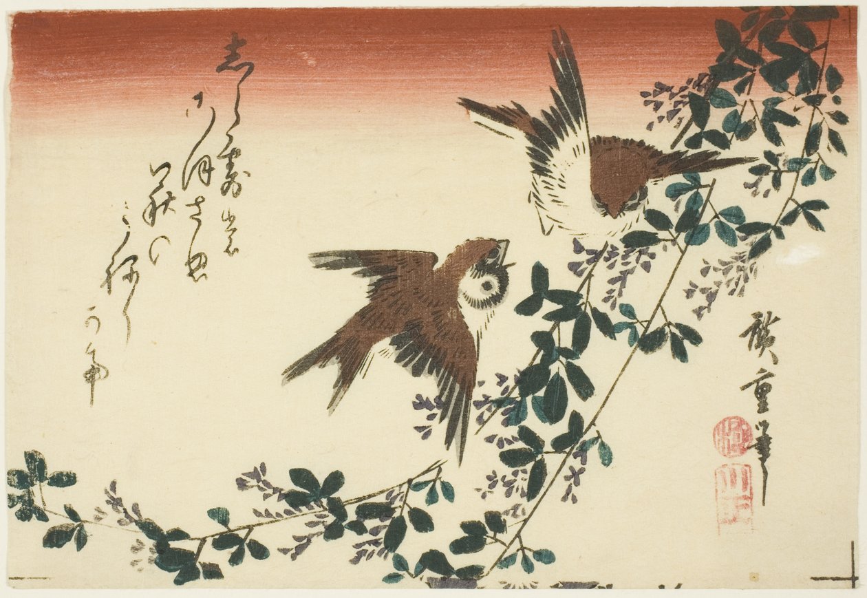 Gorriones y trébol de arbusto de Utagawa Hiroshige
