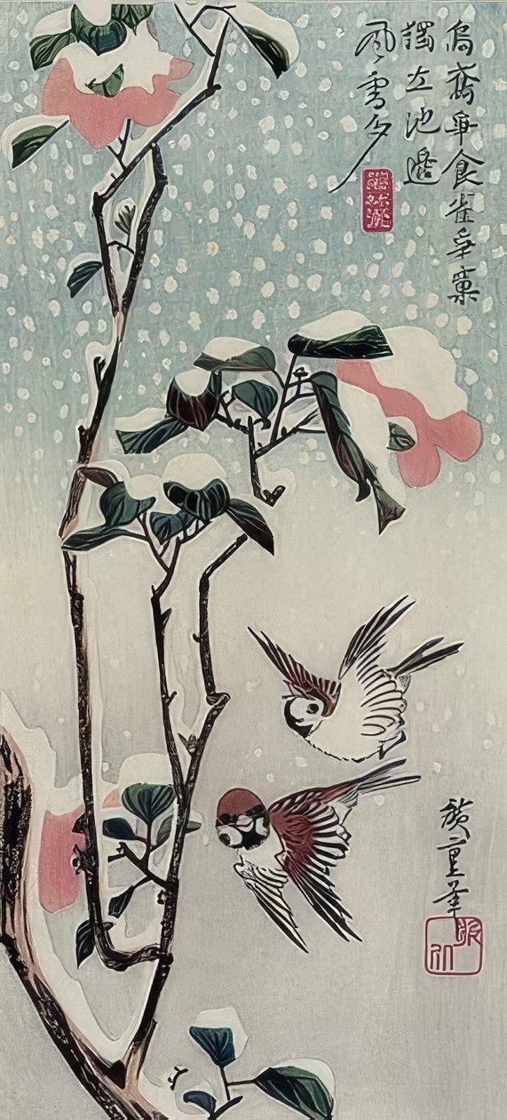 Gorriones y camelias en la nieve de Utagawa Hiroshige