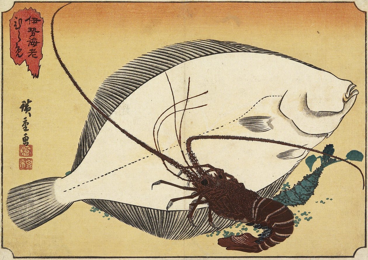 Langosta espinosa y lenguado, principios del siglo XIX de Utagawa Hiroshige