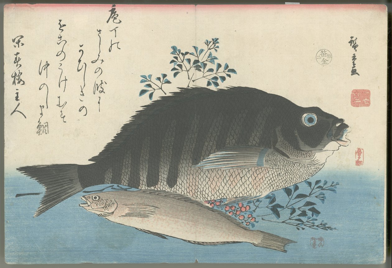Besugo rayado, trucha de roca y nandina de Utagawa Hiroshige