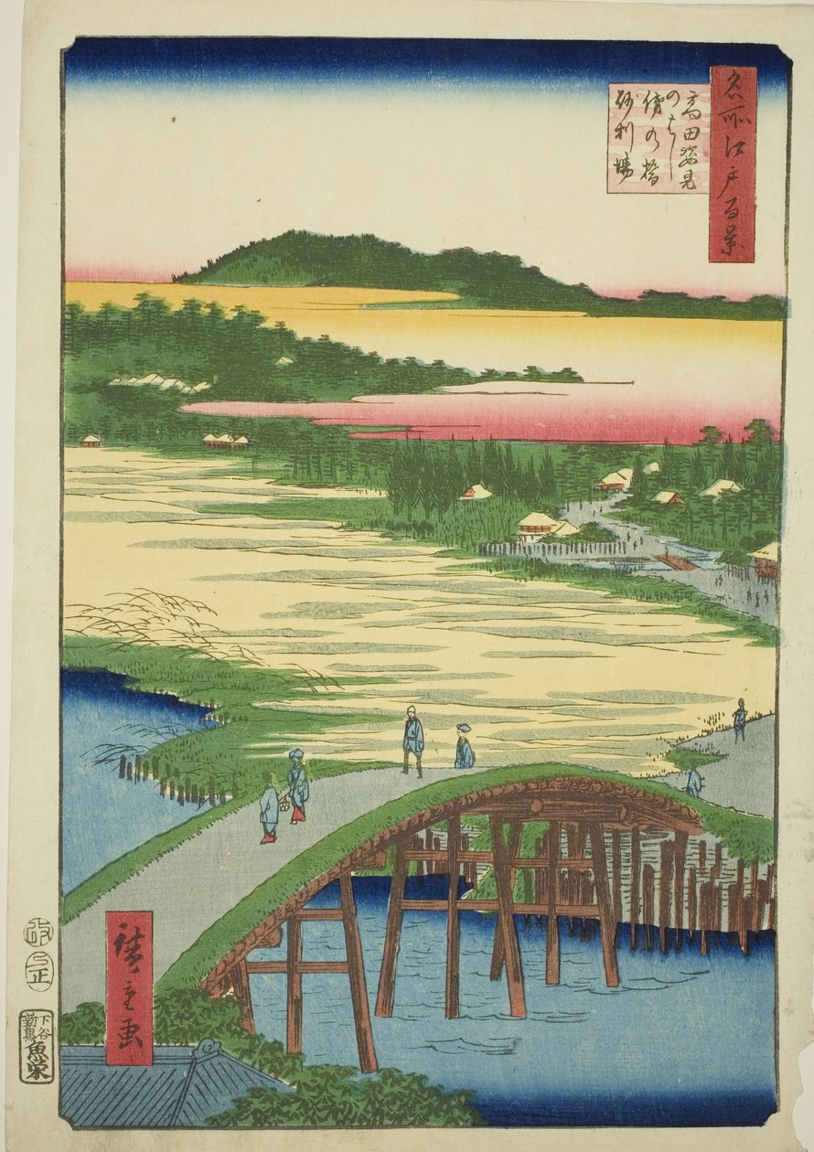 Puente Sugatami, Puente Omokage y la cantera de grava en Takata (Takata Sugataminohashi Omokagenohashi jariba), de la serie "Cien vistas famosas de Edo (Meisho Edo hyakkei)" de Utagawa Hiroshige