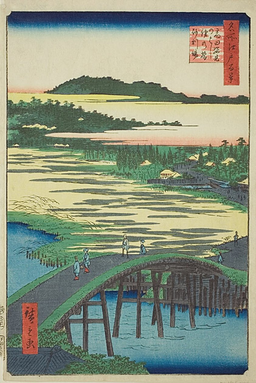 Puente Sugatami, puente Omokage y la gravera de Takata (Takata Sugataminohashi Omokagenohashi jariba), nº 116 de la serie "Cien vistas famosas de Edo (Meisho Edo hyakkei)". de Utagawa Hiroshige