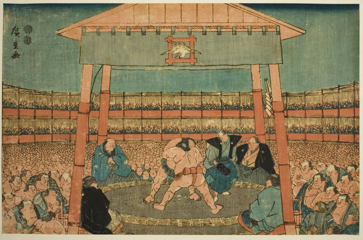 Combate de sumo en los recintos del templo Ekoin (Ekoin keidai sumo no zu), de la serie "Ryogoku en la capital oriental (Toto Ryogoku)" de Utagawa Hiroshige
