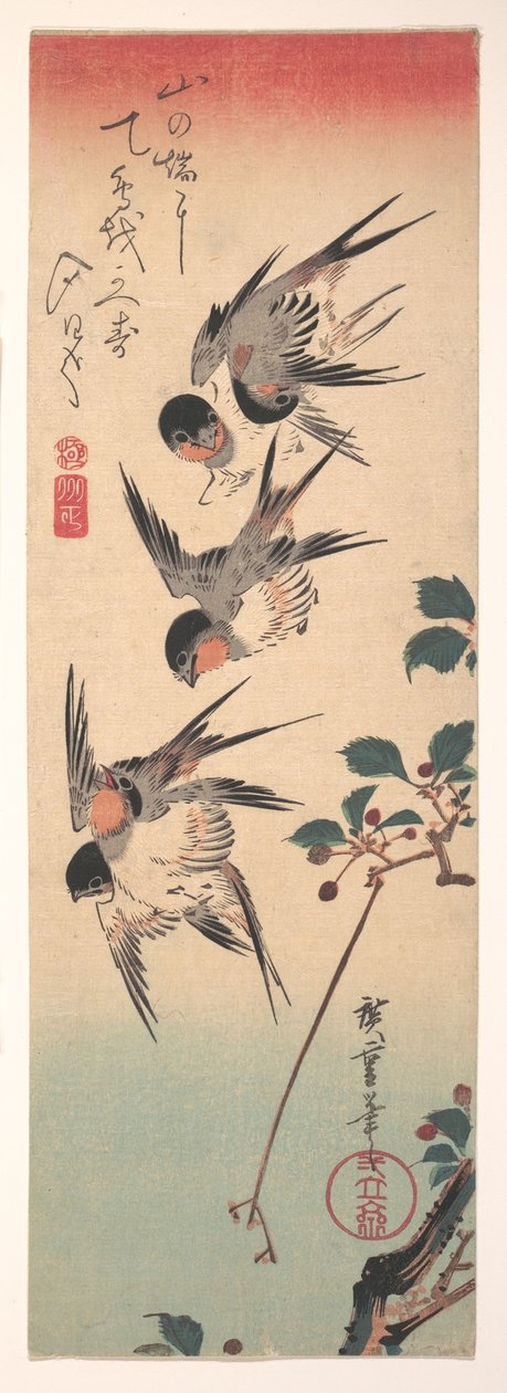 Schwalben und blühende Wildkirsche de Utagawa Hiroshige