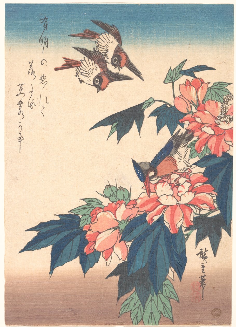 Golondrinas y martín pescador con hibiscos rosas de Utagawa Hiroshige