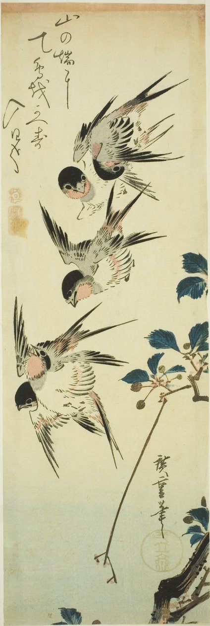 Golondrinas y rama floreciente de Utagawa Hiroshige