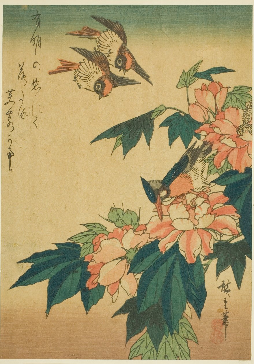 Golondrinas, martín pescador y hibisco de Utagawa Hiroshige