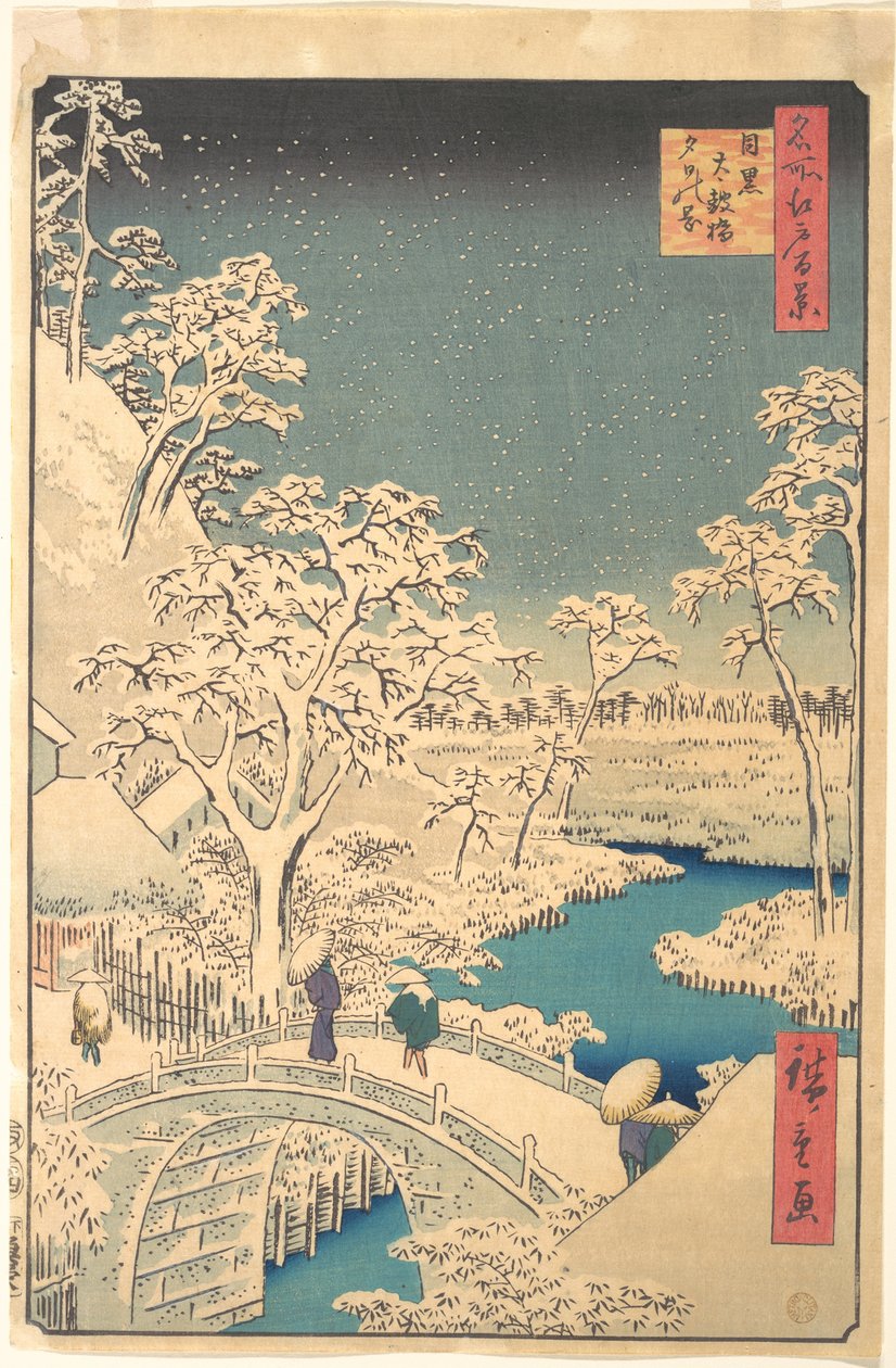 Puente Taiko, Meguro, en una tarde nevada de Utagawa Hiroshige