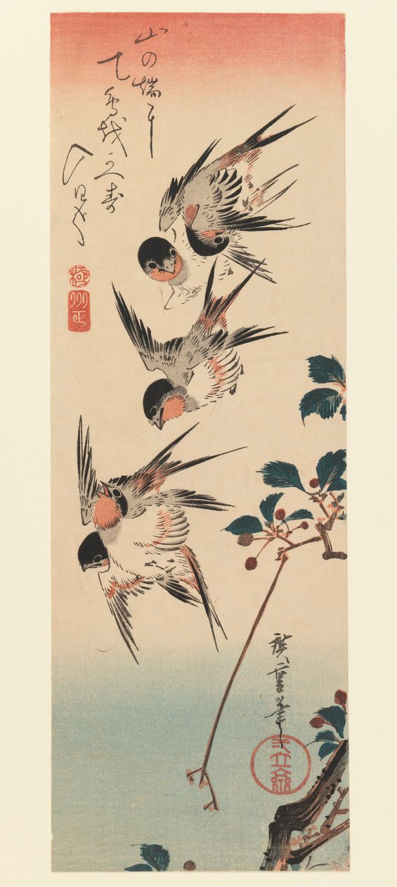 Tanzaku, Cuatro golondrinas, 1832 de Utagawa Hiroshige
