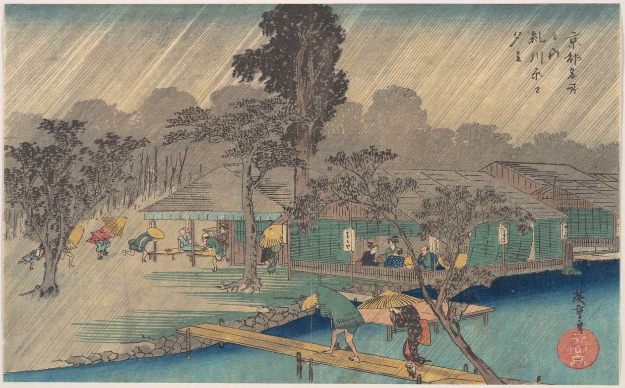 Casas de té en la orilla del río Tadasu durante un aguacero de Utagawa Hiroshige