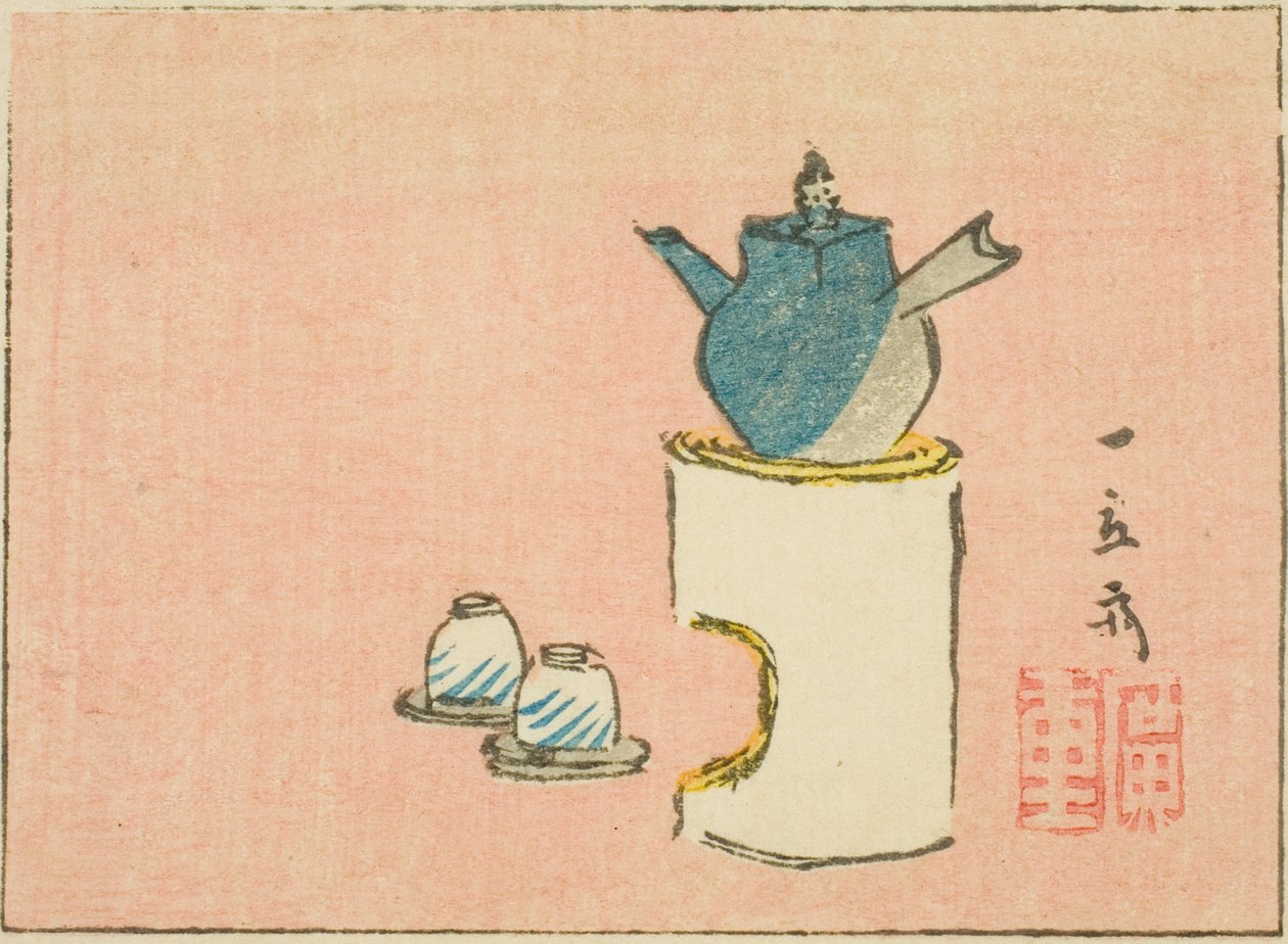 Tetera y tazas, sección de una hoja de una serie de impresiones harimaze sin título de Utagawa Hiroshige