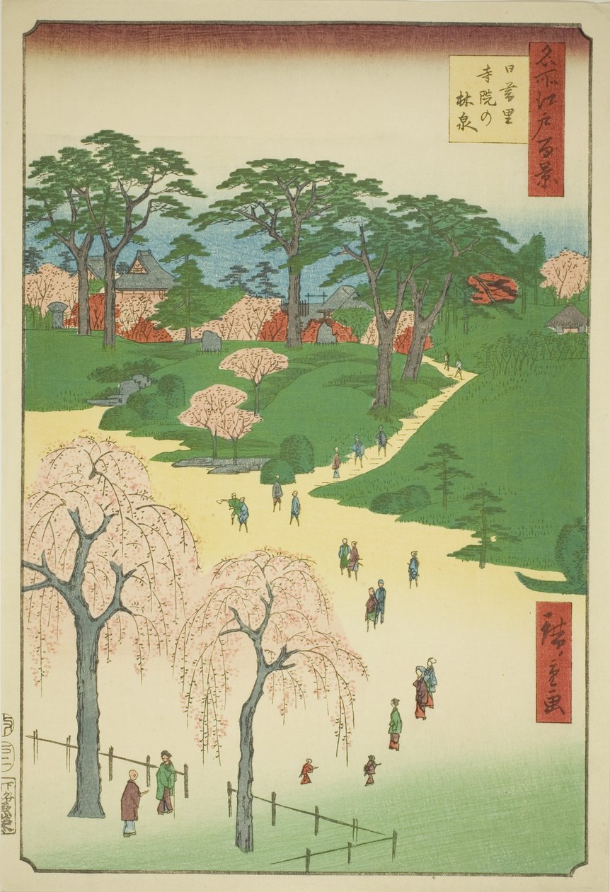 Jardines del templo en Nippori (Nippori jiin no rinsen), de la serie "Cien vistas famosas de Edo (Meisho Edo hyakkei)" de Utagawa Hiroshige