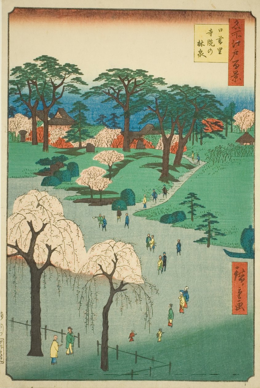 Jardines del Templo en Nippori (Nippori jiin no rinsen), de la serie "Cien Vistas Famosas de Edo (Meisho Edo hyakkei)" de Utagawa Hiroshige