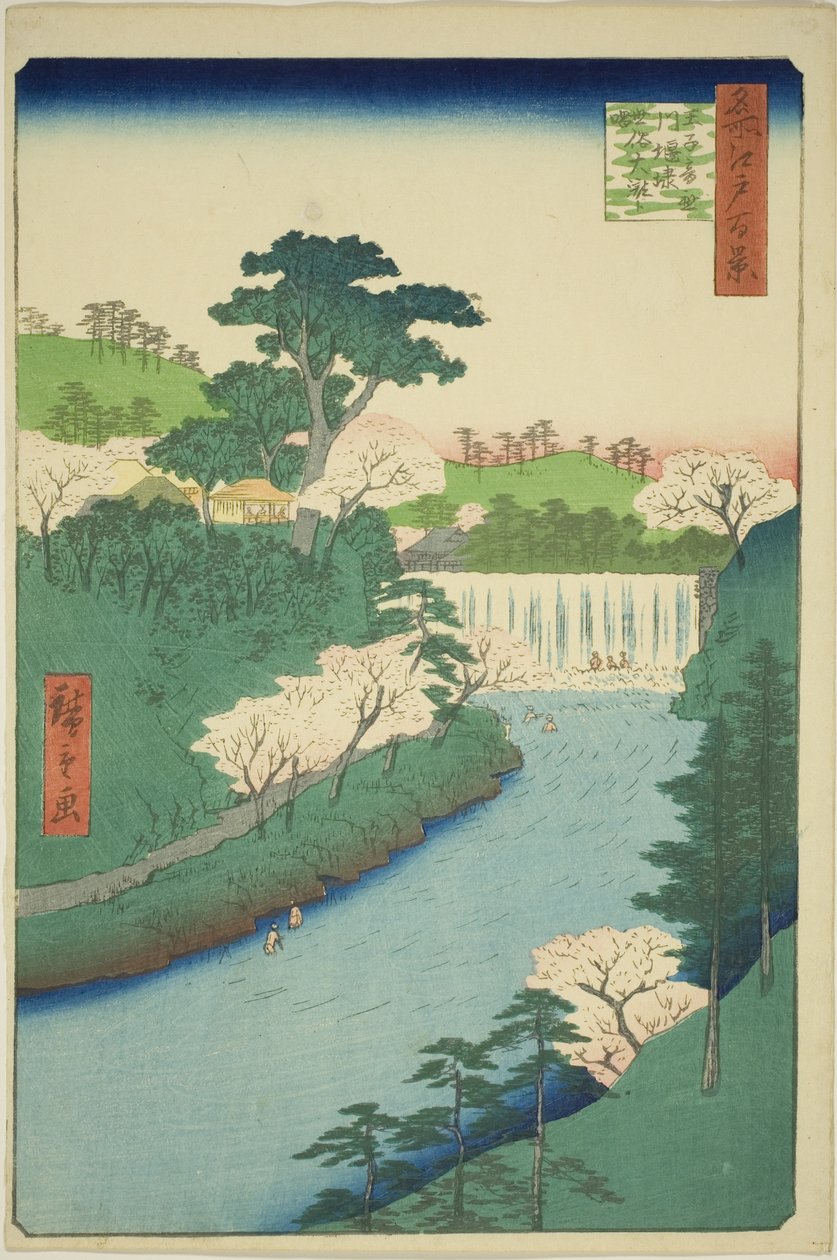 La Presa en el Río Otonashi en Oji, Comúnmente Llamada "La Gran Cascada" (Oji Otonashigawa entai, sezoku Otaki to tonau), de la serie "Cien Vistas Famosas de Edo (Meisho Edo hyakkei)" de Utagawa Hiroshige