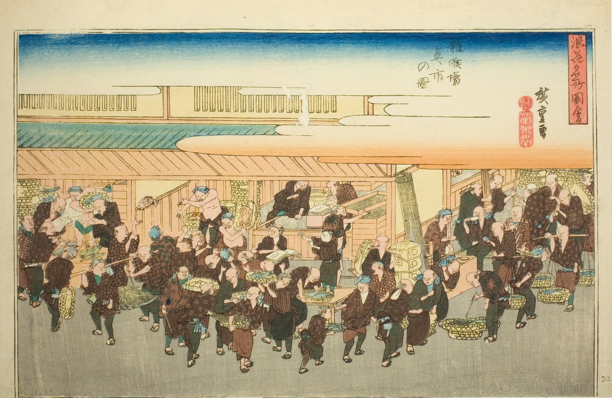 El mercado de pescado en Zakoba, de la serie "Vistas famosas de Osaka (Naniwa meisho zue)" de Utagawa Hiroshige