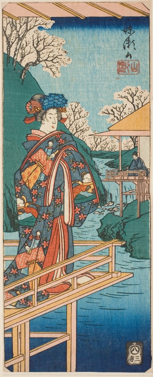 La escena de la montaña de la obra Imoseyama (Imoseyama, yama no dan), sección de una hoja de la serie "Reflejos de dramas en recortes (Harimaze joruri kagami)" de Utagawa Hiroshige