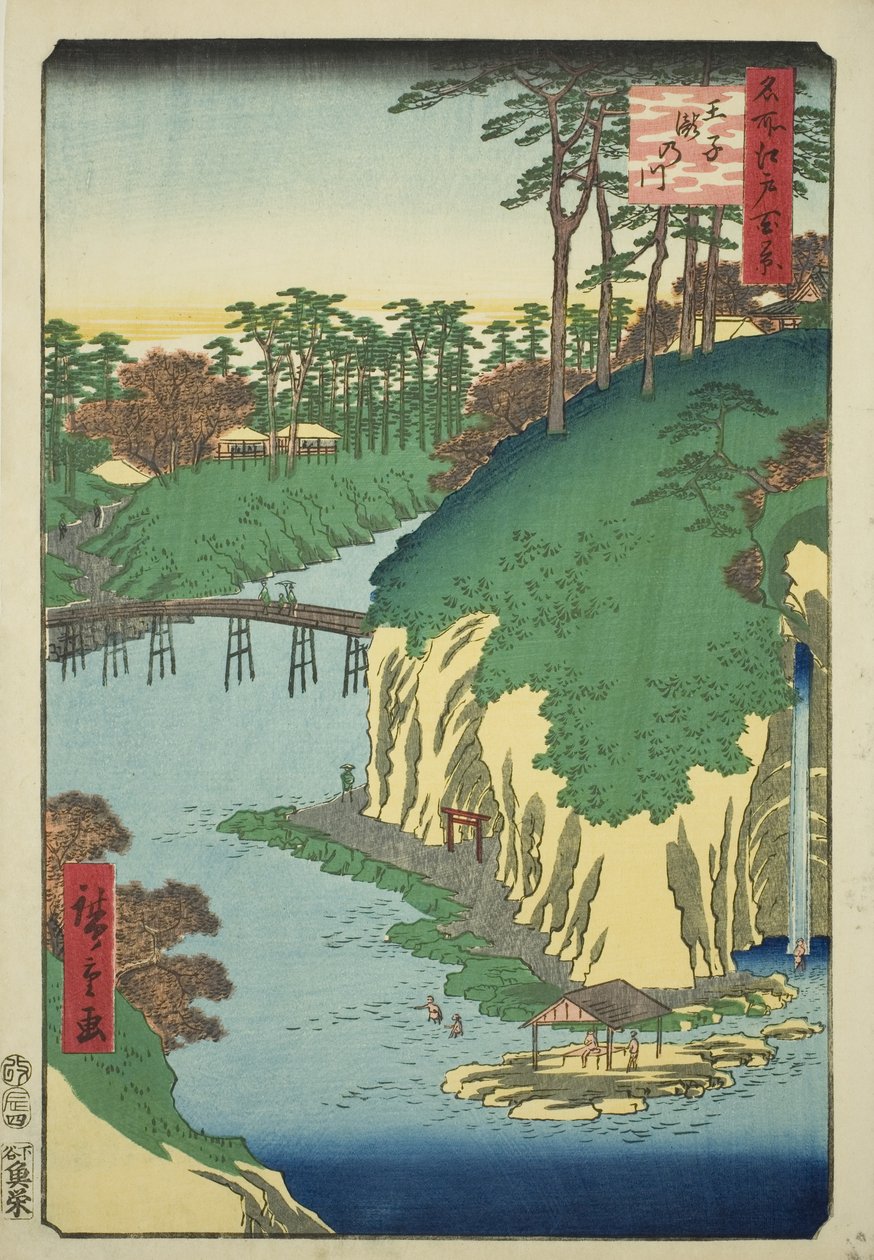 El Río de las Cascadas en Oji (Oji Takinogawa), de la serie "Cien Vistas Famosas de Edo (Meisho Edo hyakkei)" de Utagawa Hiroshige