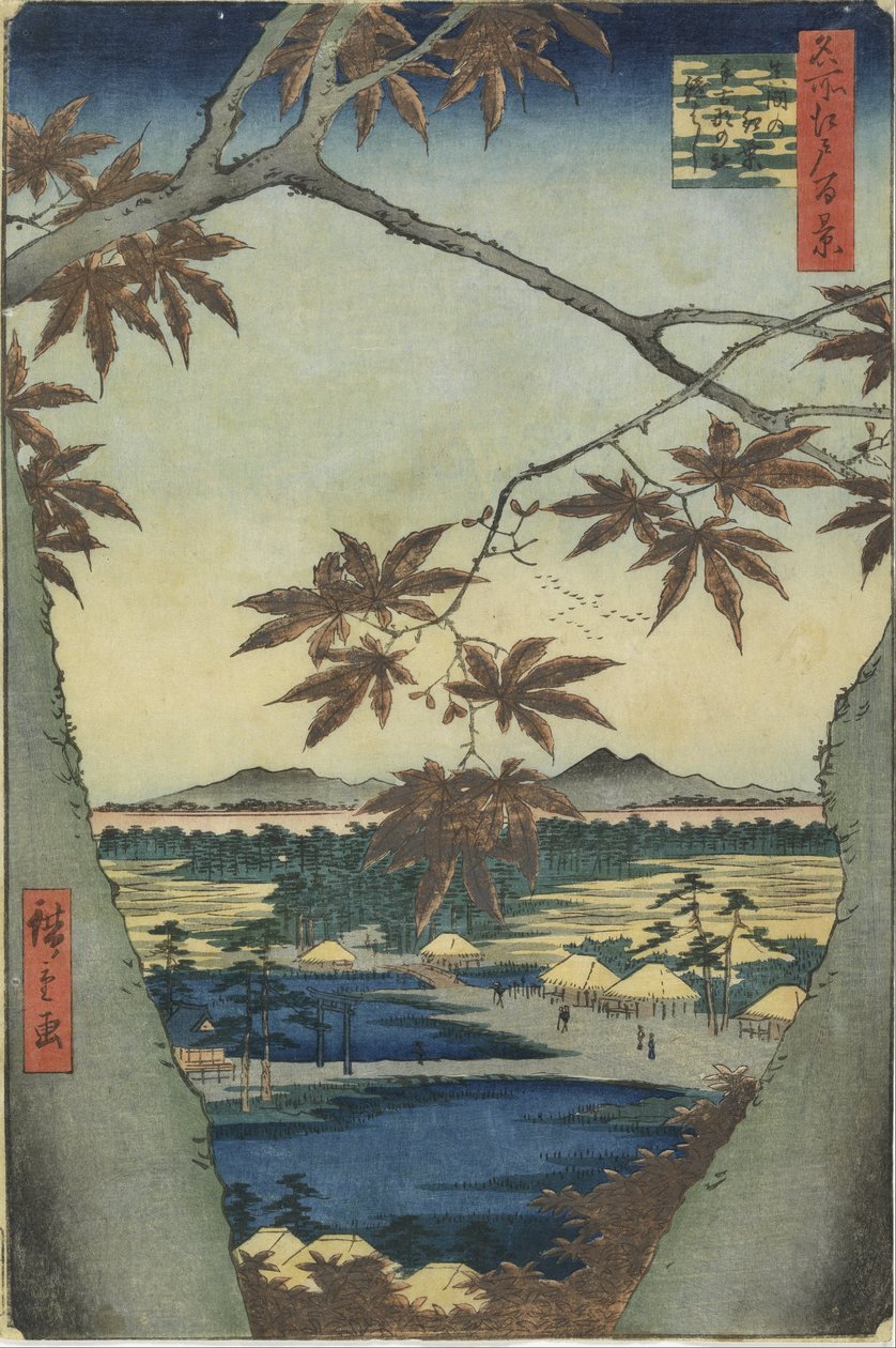 Las hojas de arce de Mama, el santuario Tekona y el puente Tsugi de Utagawa Hiroshige