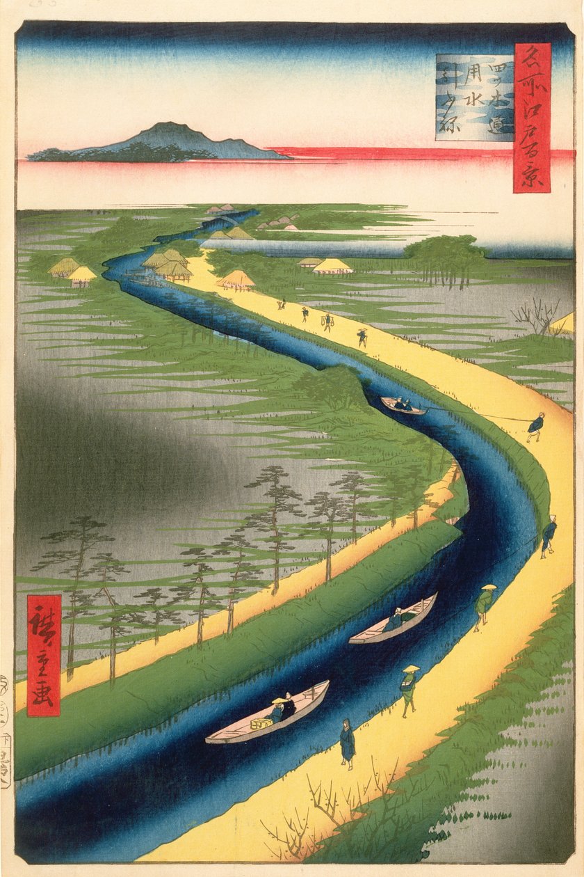 Remolcadores a lo largo del canal Yotsugi-dori, lámina 33 de la serie Cien vistas famosas de Edo, Periodo Edo, Era Ansei, 1857 de Utagawa Hiroshige