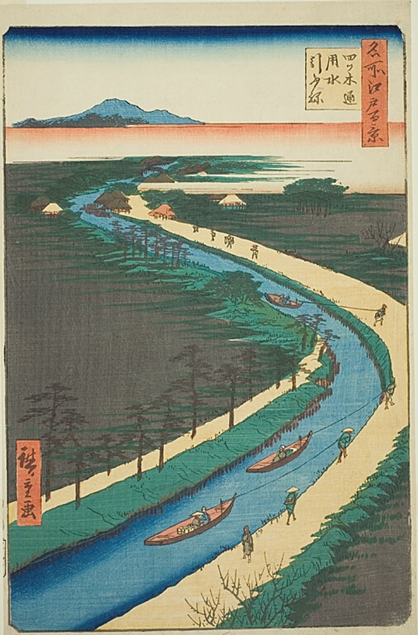 Remolcadores a lo largo del canal Yotsugidori (Yotsugidori yosui hikifune), nº 33 de la serie "Cien vistas famosas de Edo (Meisho Edo hyakkei)". de Utagawa Hiroshige
