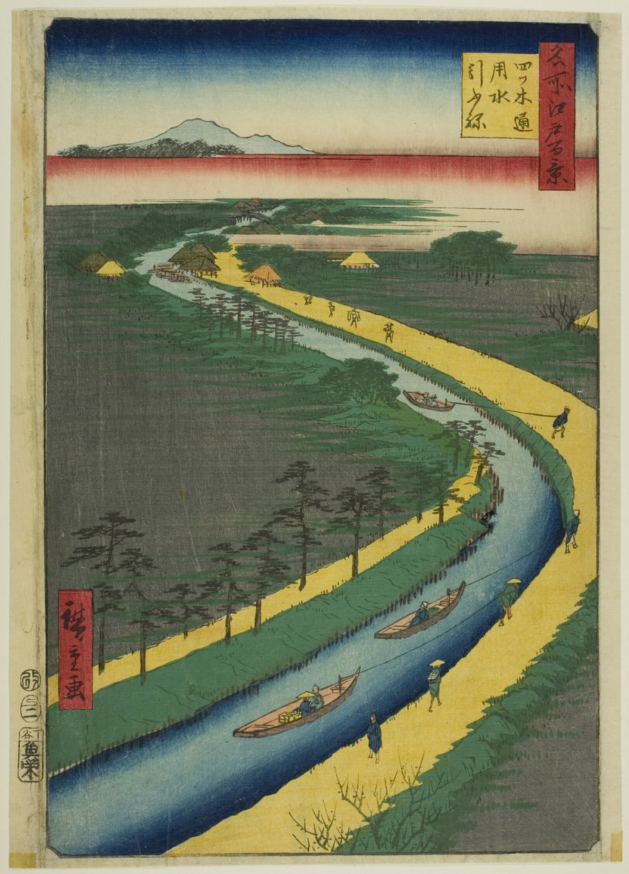 Remolcadores a lo largo del canal Yotsugidori (Yotsugidori yosui hikifune), de la serie "Cien vistas famosas de Edo (Meisho Edo hyakkei)" de Utagawa Hiroshige