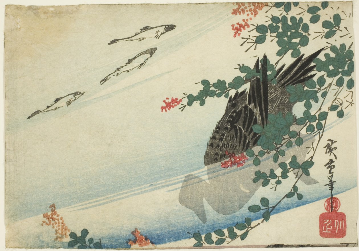 Truchas, pato y trébol de arbusto de Utagawa Hiroshige